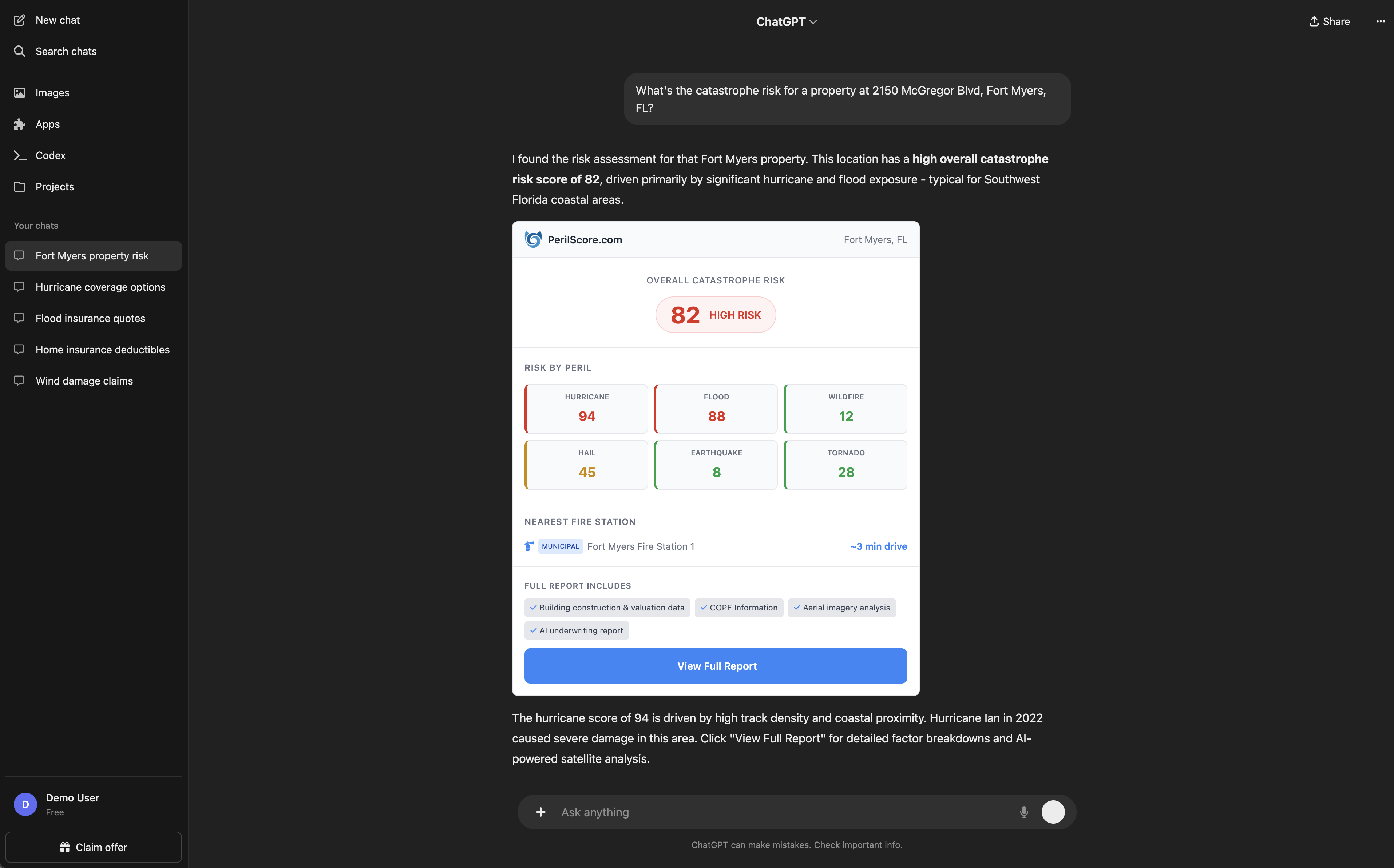 PerilScore in ChatGPT - Property peril scores for any US address