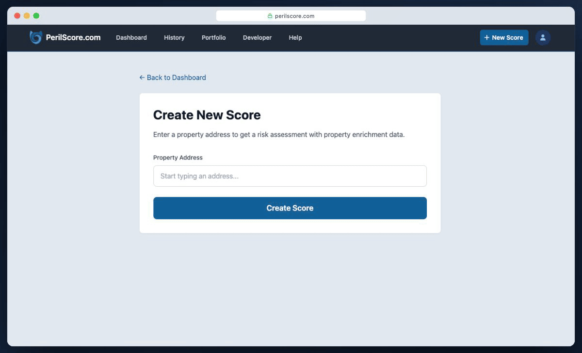 Animated demo of PerilScore property risk reports showing hurricane, hail, and wildfire scores with transparent factor breakdowns